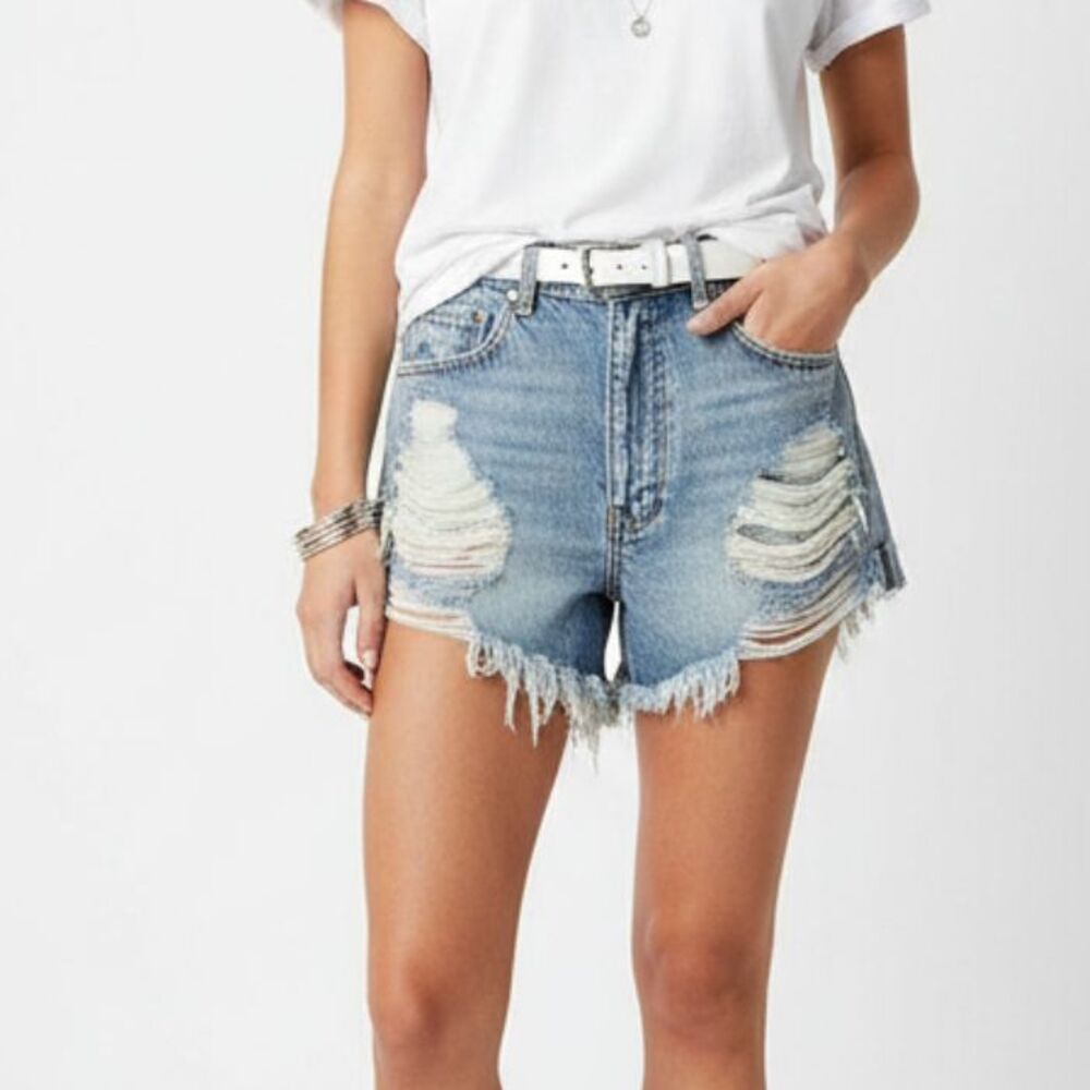 Fashion Nova Blue Denim Destroyed Cutoff Daisy Duke Shorts NEW S